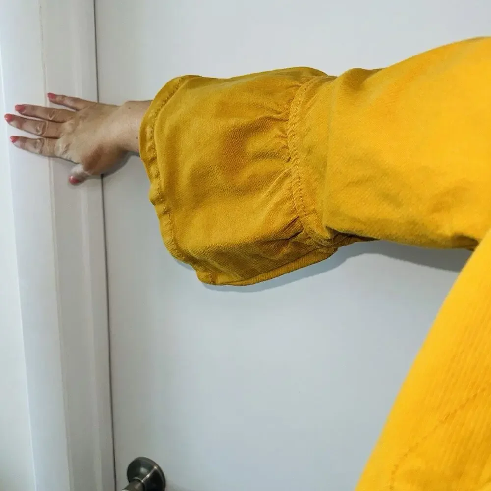 ANTHROPOLGIE Nora Flounce-Sleeved Trucker Short Jacket Small Mustard 3/4 Sleeve - Picture 11 of 11